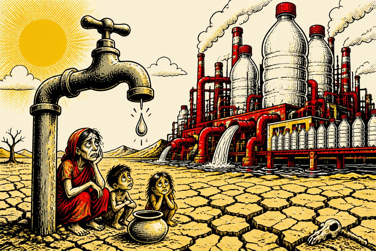 Ilustración satírica de una llave seca sobre tierra agrietada frente a una planta embotelladora