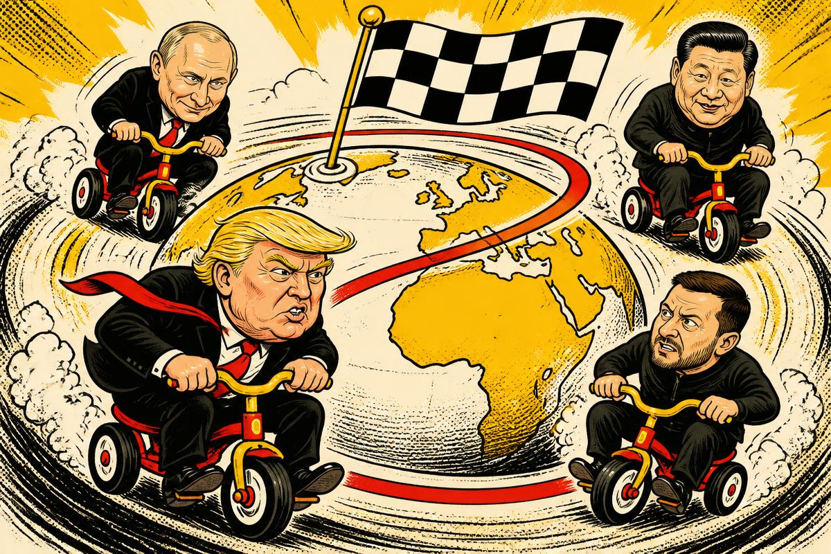 Ilustración satírica de líderes mundiales compitiendo en triciclos alrededor del planeta