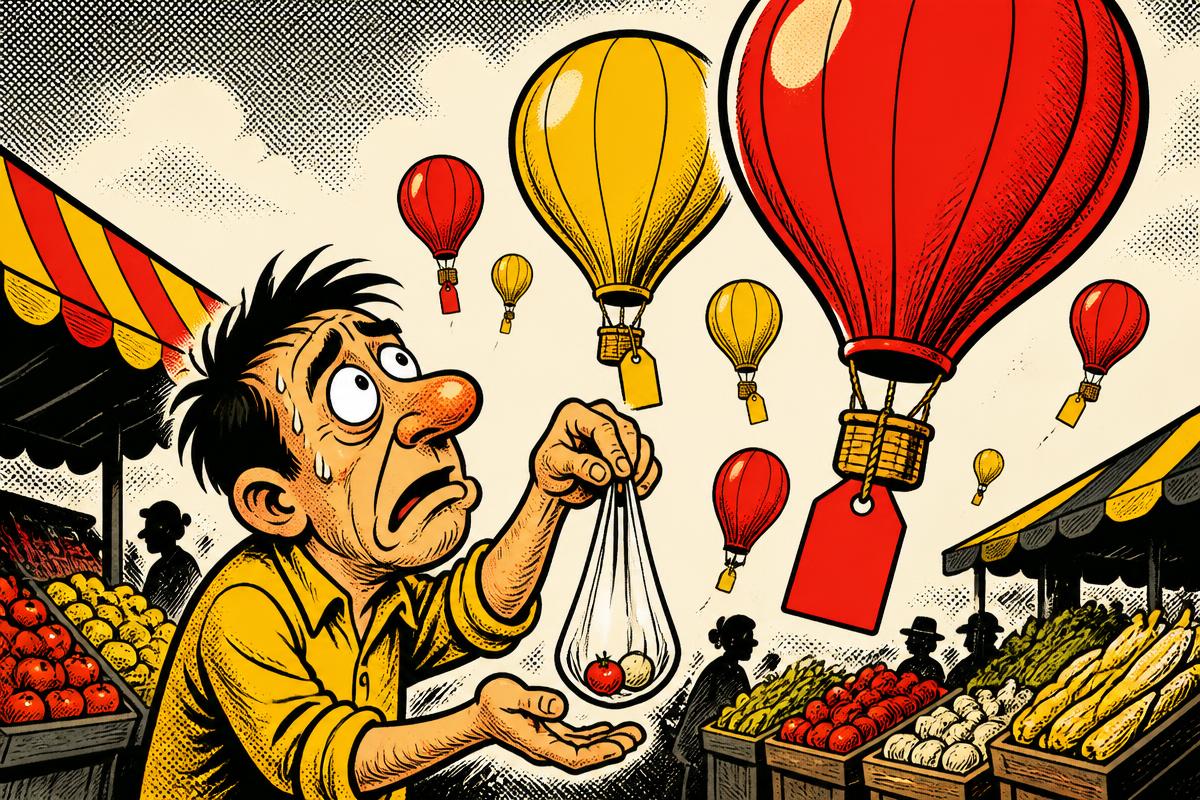 Ilustración satírica de un comprador con una bolsa diminuta mientras las etiquetas de precio vuelan como globos
